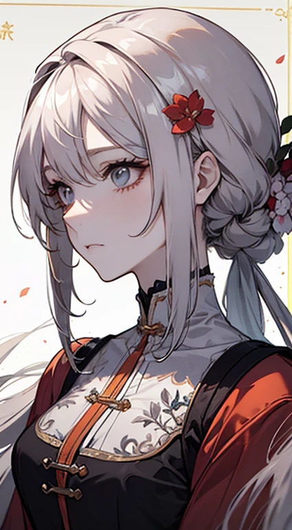 A painting of a woman with gray hair and an orange top, stunning anime face portrait, beautiful character painting, beautiful anime portrait, her image is rendered by red paint, presenting a stunning effect. The painting is very detailed, depicting women's faces and clothing. Her face has a creamy dripping effect, which makes the whole face more vivid. She wears a beautiful detailed outfit with pale gray hair. The proportions are accurate, and the costumes of the female characters are traditionally dressed, showing a classical charm.