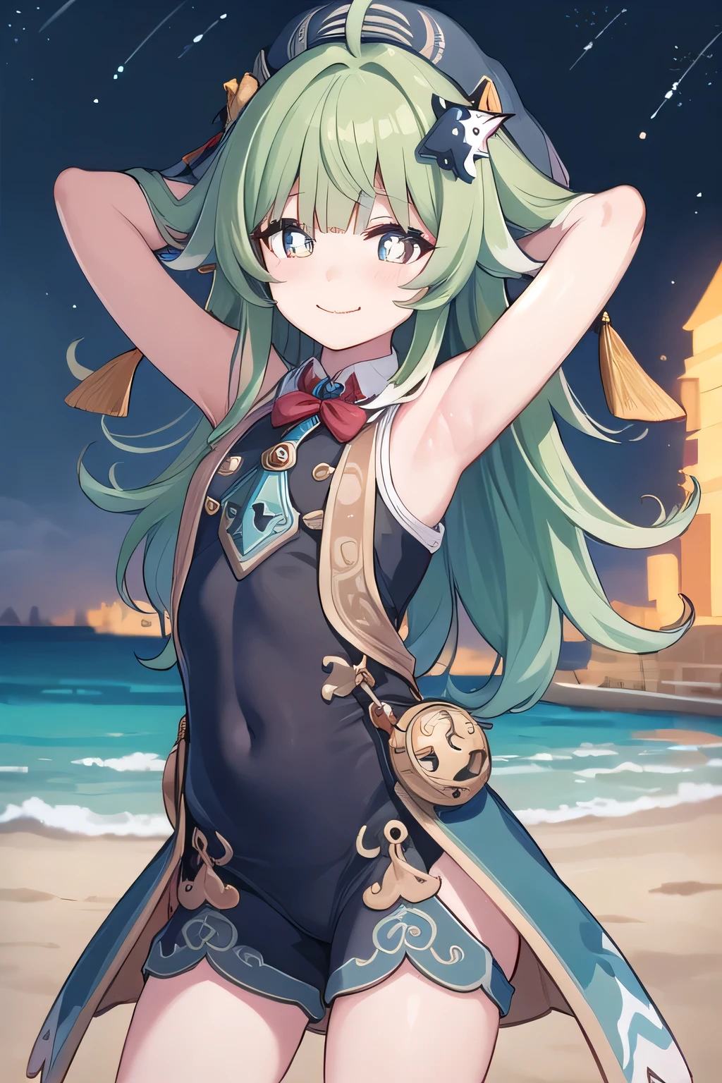 huohuo, 1girl, looking at viewer, smile, shy, hat, dynamic pose, contrapposto, spread armpit, arms behind head, solo, looking at viewer, (cowboy shot:1.5), closed mouth, night sky, beach, masterpiece, best quality, smile,, paw-shaped pupils, 