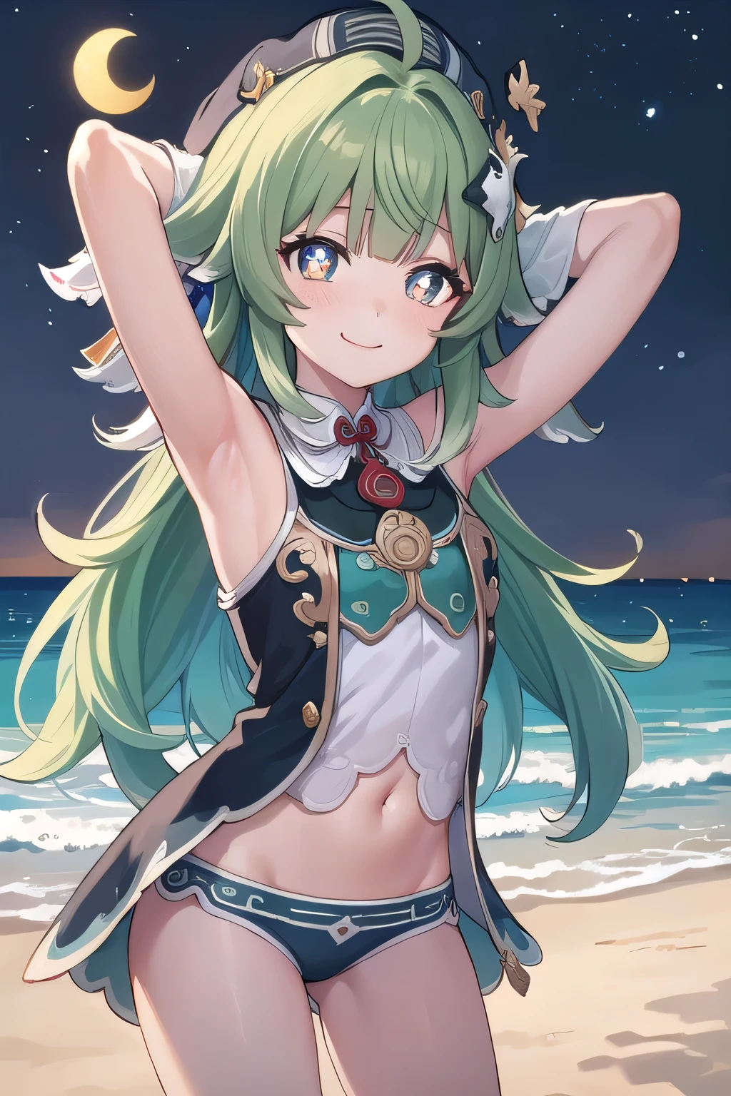 huohuo, 1girl, looking at viewer, smile, shy, hat, dynamic pose, contrapposto, spread armpit, arms behind head, solo, looking at viewer, (cowboy shot:1.5), closed mouth, night sky, beach, masterpiece, best quality, smile,, paw-shaped pupils,