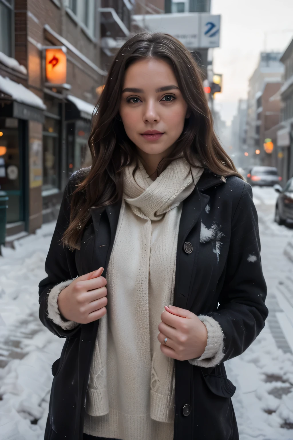 professional portrait photograph of a gorgeous Norwegian girl in winter clothing with long wavy blonde hair, sultry flirty look, gorgeous symmetrical face, cute natural makeup, wearing elegant warm winter fashion clothing, ((standing outside in snowy city street)), stunning modern urban environment, ultra realistic, concept art, elegant, highly detailed, intricate, sharp focus, depth of field, f/1. 8, 85mm, medium shot, mid shot, (((professionally color graded))), bright soft diffused light, (volumetric fog), trending on instagram, hdr 4k, 8k