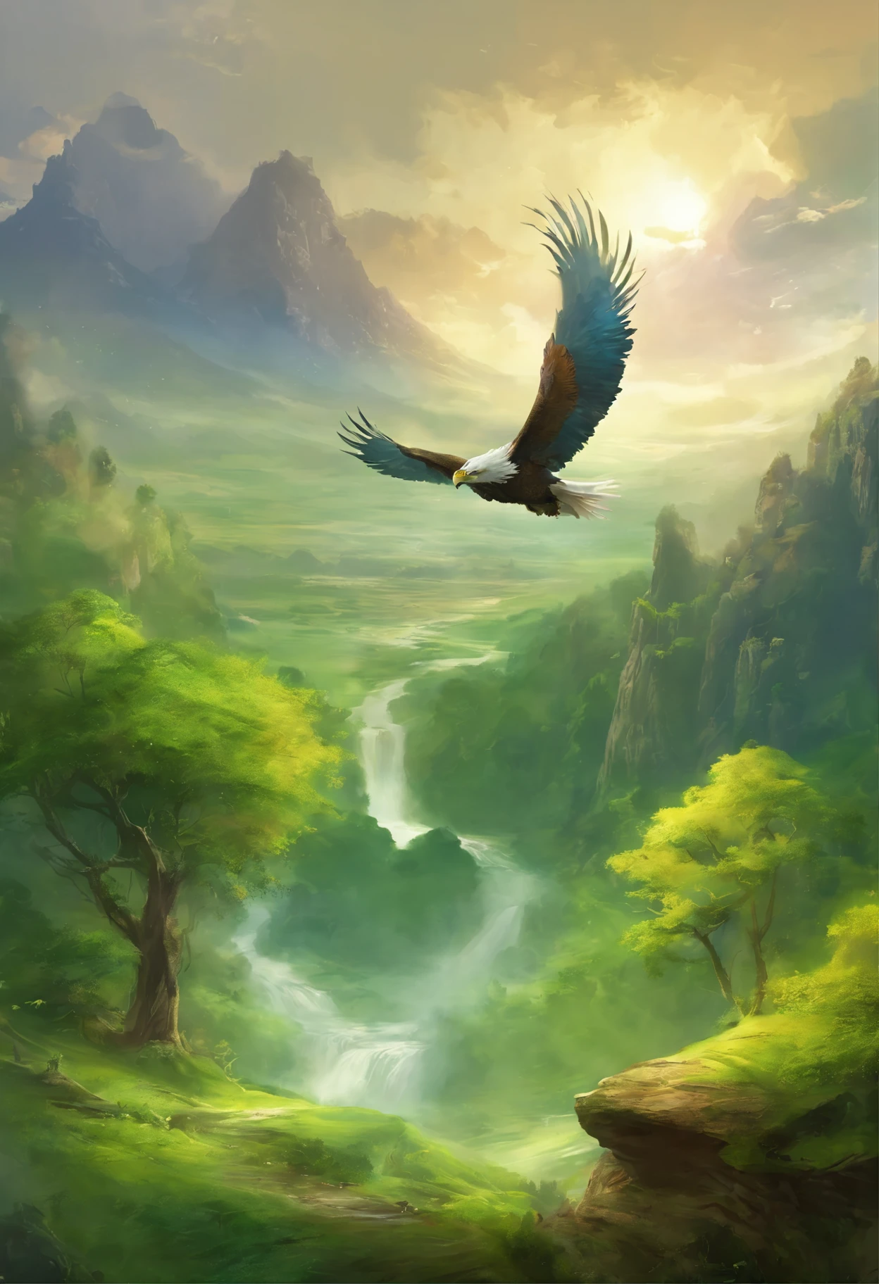 valley,Green Trees,White Cloud,eagle