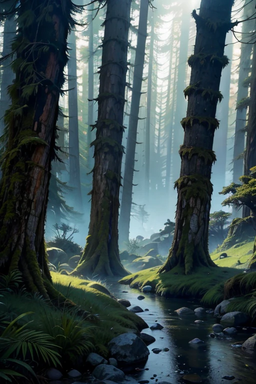 Crie uma paisagem desolada de vales e montanhas, shrouded in thick fog, com poucos raios de sol, with twisted trees and thick trunks, and undergrowth resembling grass and grass, em uma paisagem ultra-realista, com cores mortas, 4K, cinematic lighting, natural lighting, film grain, cinematic lighting, alto detalhe, Fotorreal, Fotorrealistic, volumetric lighting and shading  