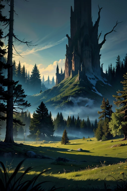 Crie uma paisagem desolada de vales e montanhas, shrouded in thick fog, com poucos raios de sol, with twisted trees and thick trunks, and undergrowth resembling grass and grass, em uma paisagem ultra-realista, com cores mortas, 4K, cinematic lighting, natural lighting, film grain, cinematic lighting, alto detalhe, Fotorreal, Fotorrealistic, volumetric lighting and shading