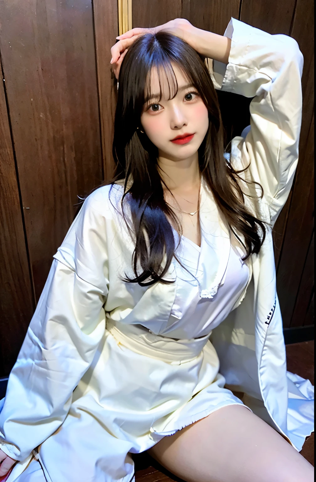 White bishop's robe,Robe,Mature Woman, shape,一人のgirl,Whole Body Ezbian, Torn cloth, Spread your legs, Place your hands behind your head, Underarm, Long Hair,heart shaped eyes, Torn clothes, Torn legwear, girl,Upper limbs,poor, On the body
