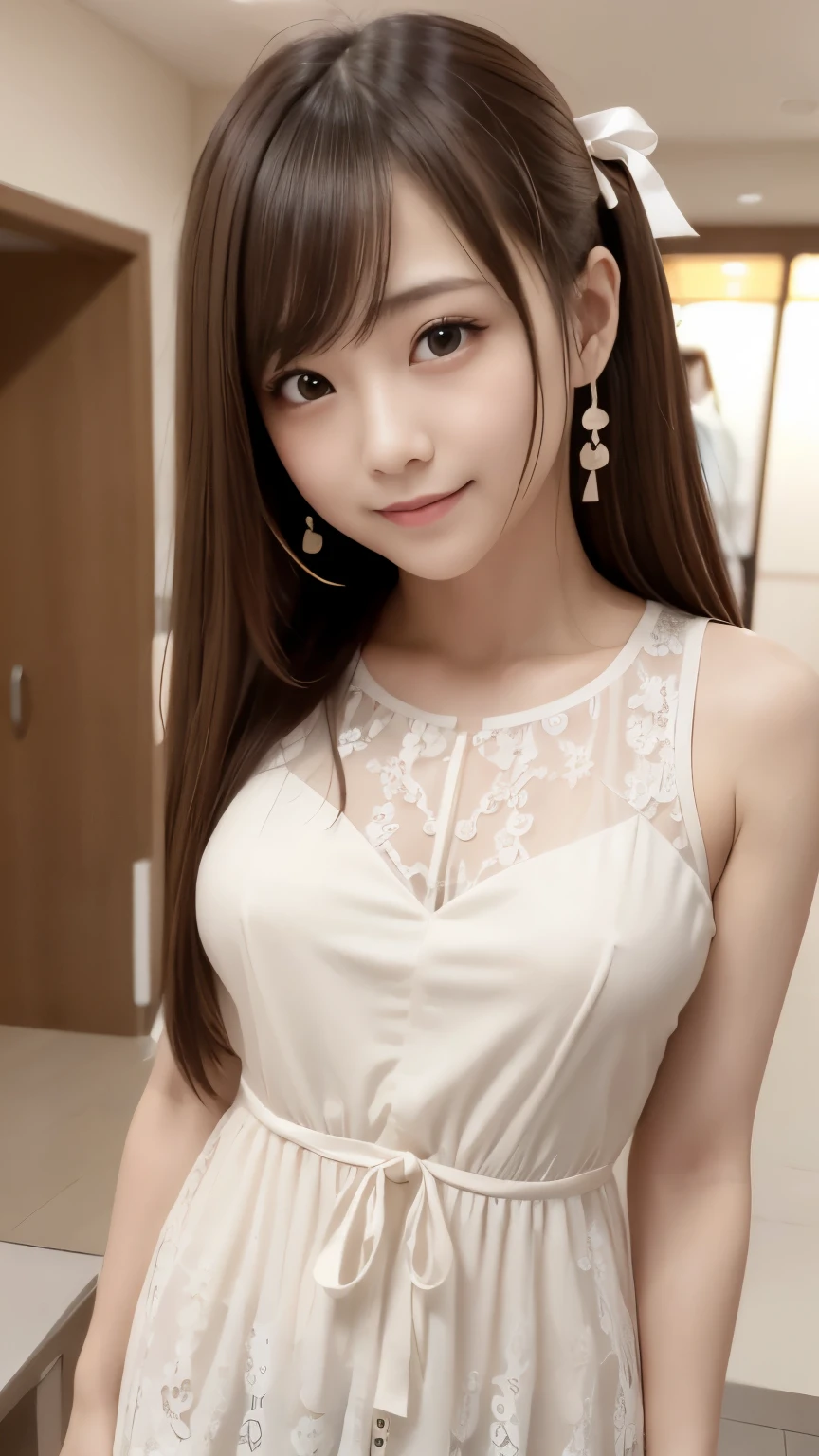 bright表情、Photorealistic:1.32、highest quality、超A high resolution、最も美しい日本のgirlの写真、Cute and beautiful face details、Small Face、(Purelos Face_V1:0.008)、美しいbangs、、Radiant, fair, glowing skin、Hair gets tangled in the face、girl1people、顔まで伸びるbangs、bangs、Hair between the eyes、Attractive brown silky hair、bright、Clear eyes shine charmingly、Dynamic pose、highest quality、Disorganized、((the cutest girl in the world))、日本people、((Maxi length see-through lace dress with ribbon:1.3))、(ponytail:1.3)、(tie with a thin ribbon)、Nice and cute、An innocent smile、nice smile、No cleavage、(Large Breasts:1.3)、(The gesture of putting your hair behind your ears with your hands:1.3)、Side Tail、Brown Hair、Small waist、Detailed beautiful eyes、View your viewers、Upper Body、Close-up of face、Front view、