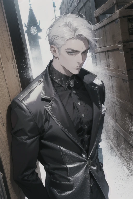 (masterpiece, best quality:1.2), (absurd res, high res, ultra detailed), 1 male, adult, handsome, tall muscular guy, broad shoulders, white hair, finely detailed eyes, portrait, looking at viewer, solo, half shot, detailed background, detailed face, (gothic), smirk, vampire, dark leather, high fantasy,, stealth, undercover, (crates in background), shadows, fog, (dutch angle), closed mouth,