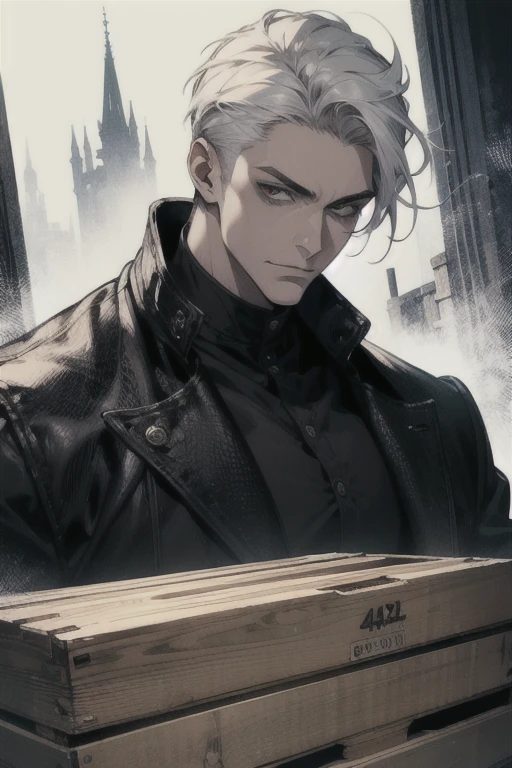 (masterpiece, best quality:1.2), (absurd res, high res, ultra detailed), 1 male, adult, handsome, tall muscular guy, broad shoulders, white hair, finely detailed eyes, portrait, looking at viewer, solo, half shot, detailed background, detailed face, (gothic), smirk, vampire, dark leather, high fantasy,, stealth, undercover, (crates in background), shadows, fog, (dutch angle), closed mouth,
