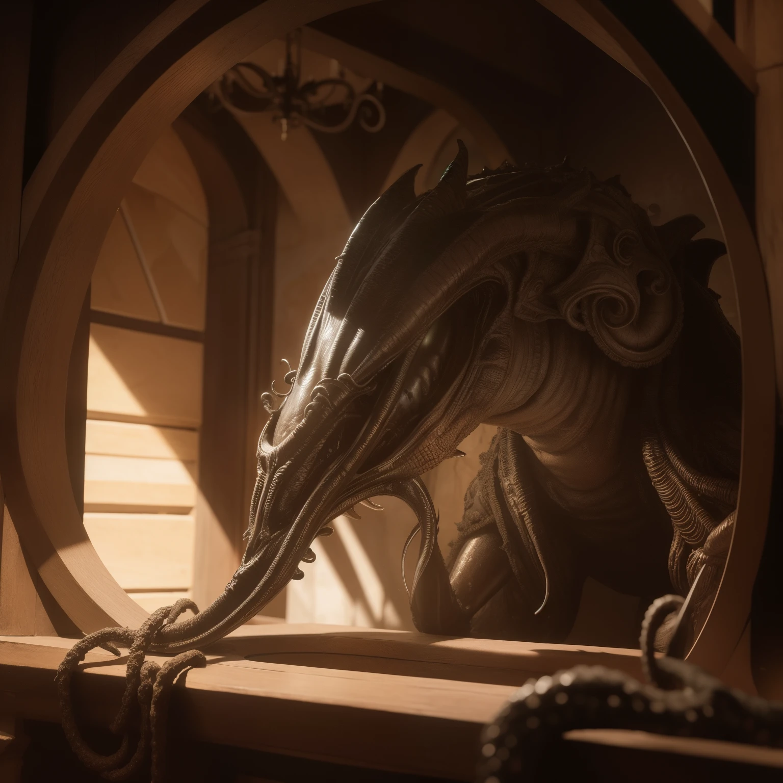 (extremadamente detallado, obra maestra, La mejor calidad), Estilo oscuro, intense illumination, rostro con arrugas, lengua larga, tentacle, armadura medieval, oxide, monstruoso, interior de una piscina de agua verdosa, imagen submarina, alien con Colmillos finos. manchas de tinta. Rococo composition. Luz de caravaggio