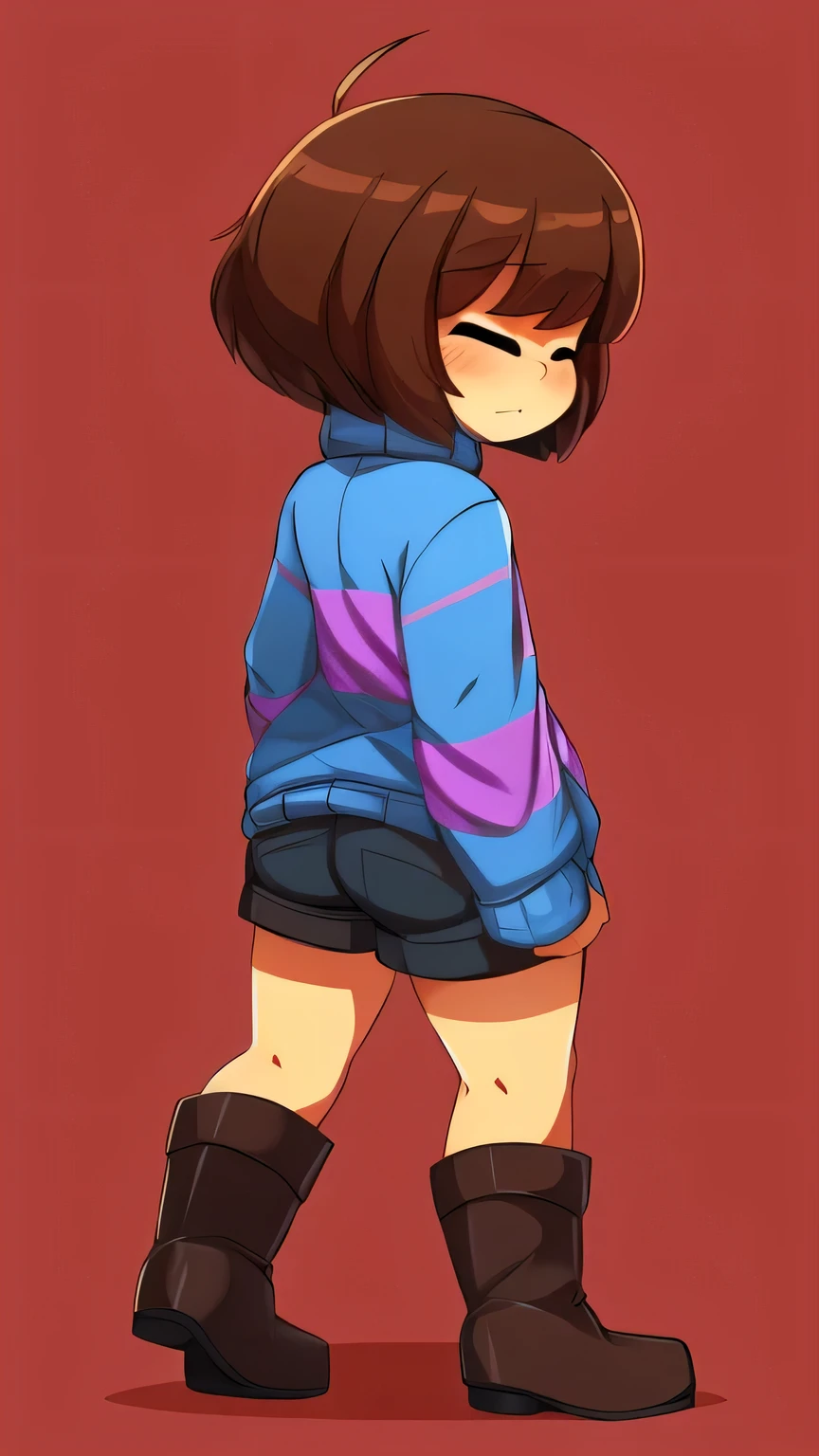 Solo, cute , flat chested, perfect eyes, perfect hands, ((high quality: 1.0)), (detailed), Frisk, canon, sfw, ((striped sweater)), turtleneck, shorts, boots, brown hair, short hair, bangs), closed eyes, thick thighs, by captainkirb, boy, pose, red background, walking, back view, looking back at viewer, brown shorts 