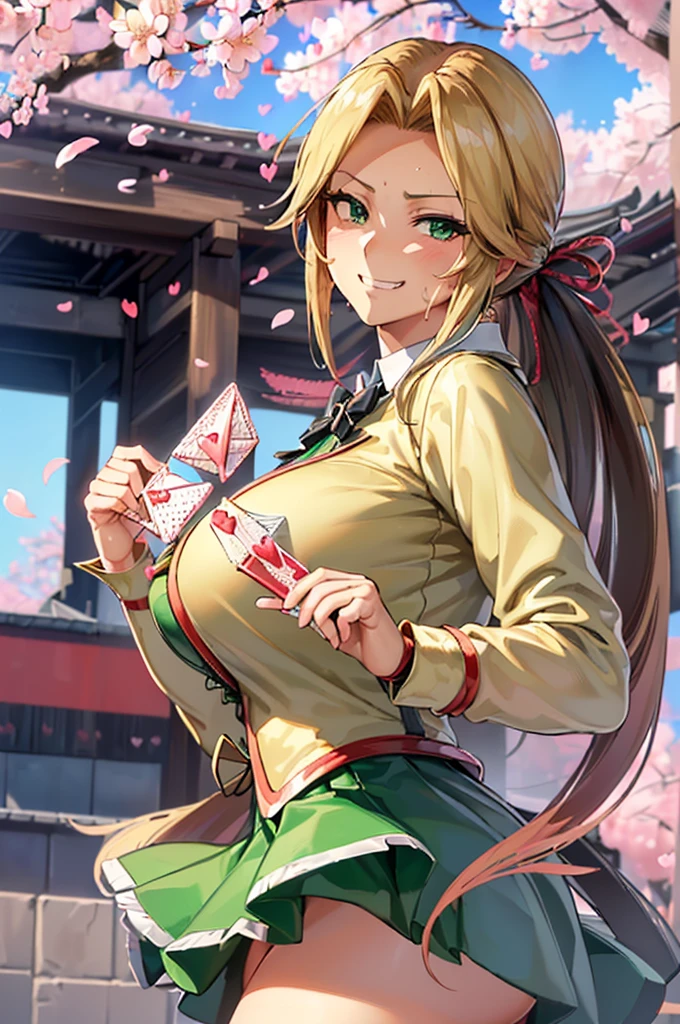 8Kんで(A sloppy smile, the face we are looking for, Mischievous face:2.3)(((((handing over a love letter:1.9)))))((woman,Huge , (Huge breasts:1.5),Are fat,とても唇が赤いHuge breastsを強調,Big Ass,Narrow waist,Long legs,Green Eyes立っている)) 8k((((Anime Style),(The facial expression is good))))8k(((((Anime Style)Green Eyes)))) 8k((Standing at the station))8k((Waiting for a train at the station))8k((Morning))8k((Beauty))((学生blazer15歳学生服 緑のネクタイ, blazer, Pleated skirt))8k(((spring,cherry blossoms,The wind is blowing,Her skirt is flipped up,cherry blossomsが散っている:1.3))) 8K(Close-up of the face:1.5)8Kんで(((((handing over a love letter))))) 8Kんで(((((handing over a love letter)))))8Kんでhanding over a love letter8Kんで(しっかりhanding over a love letter描写を:1.5)8k(womanの手の描写が上手い)