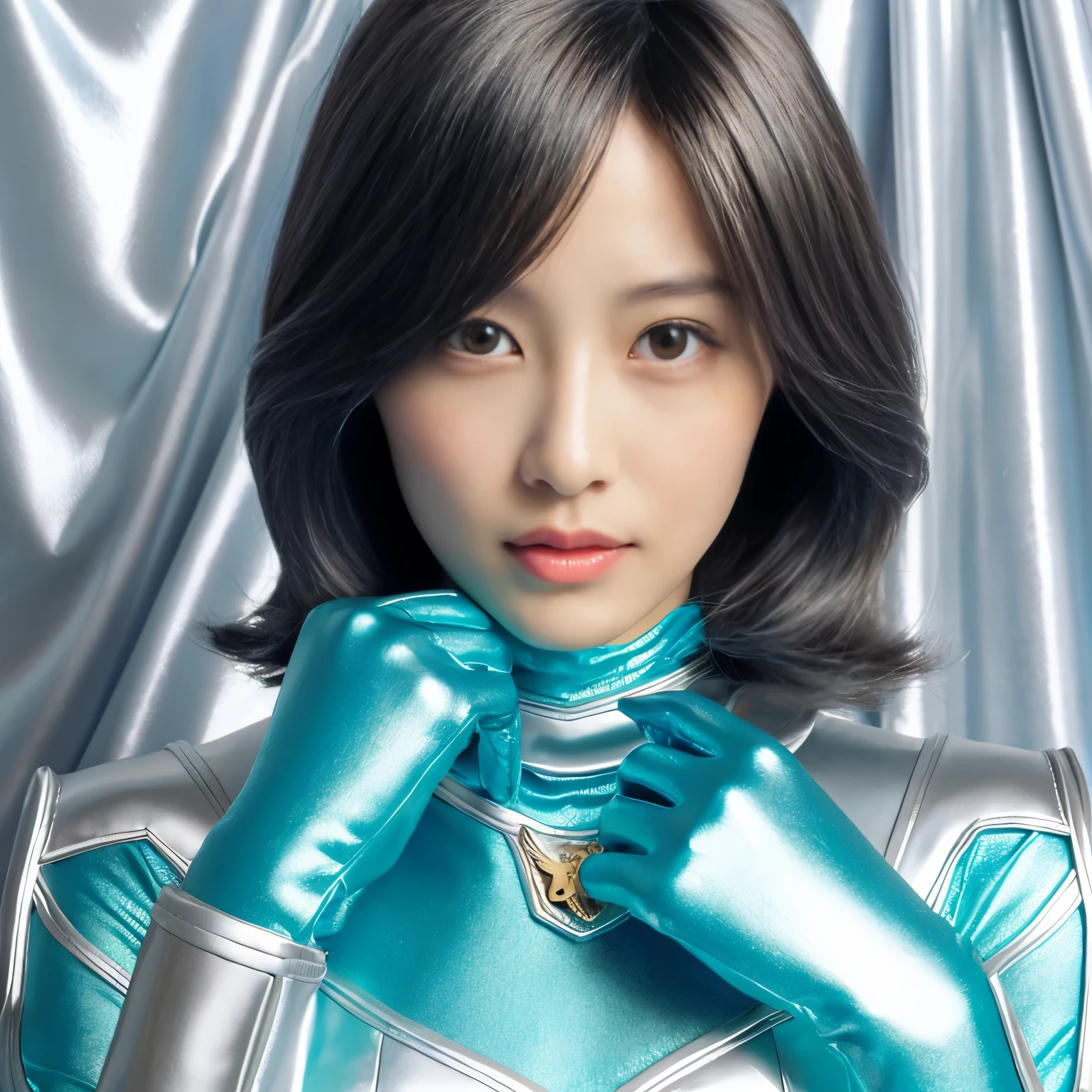 best image quality、Super high resolution、(realism:1.4)、Korean beauty star、The most beautiful KPOP star、horny face、Horny Korean makeup、erotic expression、A body that makes you want to touch it、erotic photos、((Realistic shiny satin fabric texture、High-gloss stretch satin fabric that is smooth and smooth to the touch.、The drape of the curved part of the shiny satin fabric、strong shiny costume、The smooth and beautiful quality and luster of the costumes、A shiny costume made of high-quality satin fabric with high density.、Smooth to the touch oil light liang ice 縝绸 ultra-class battleship skin coat COS、Super Sentai Women's Heroine Suit、Texture of costumes that satin fetishists respond to、Thin, glossy stretch satin fabric)),8K photo quality
