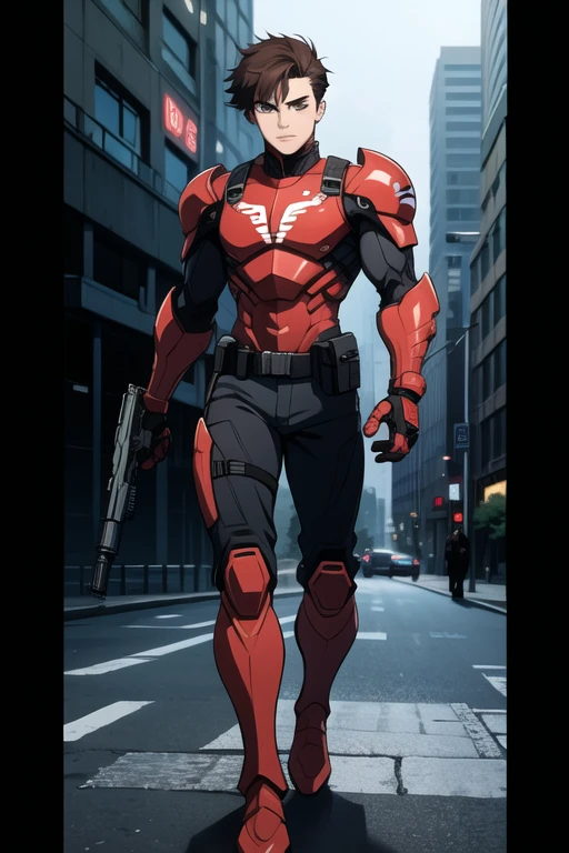 ((best quality)), ((Masterpiece)), (detailed), perfect face mox has brown hair, cyberpunk, red tactical suit, red armor, white big symbol on the chest, a gun in each hand, swat, tactical pants black, it's a man, male, young man, has two futuristic guns in each hand, police, futuristic lightweight armor, cute hair, black boots, solo, black belt, anime hair, green eyes, holster, no leg protector,