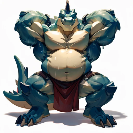 Alligator,fat, green skin, yellow chest, yellow pecs, bara, huge belly, arms behind head, , masculine, furry, scalie, big feet, 3 toes, plantigrade feet, swollen soles, growing feet, sweaty soles, sweating, sweat, orange soles, big pecs, muscles,