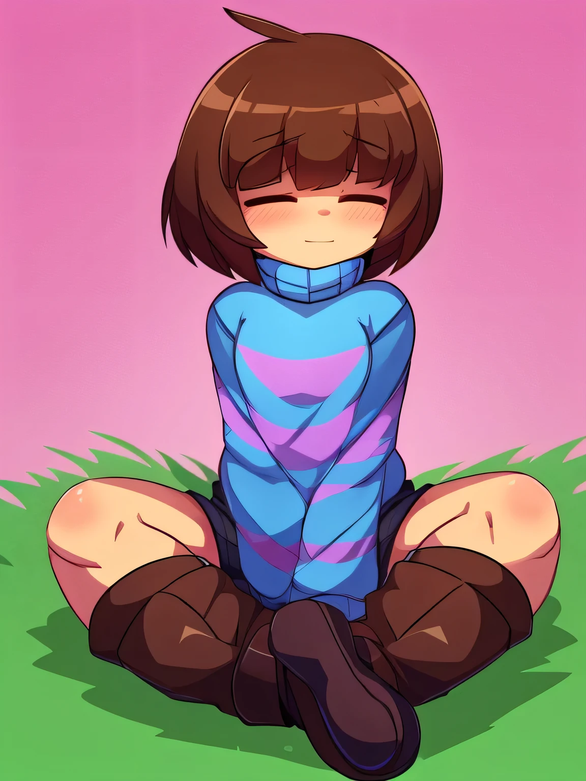 Solo, cute , flat chested, perfect eyes, perfect hands, ((high quality: 1.0)), (detailed), Frisk, canon, sfw, ((striped sweater)), turtleneck, shorts, boots, brown hair, short hair, bangs), closed eyes, thick thighs, by captainkirb, boy, pose, brown shorts, sitting down, grass