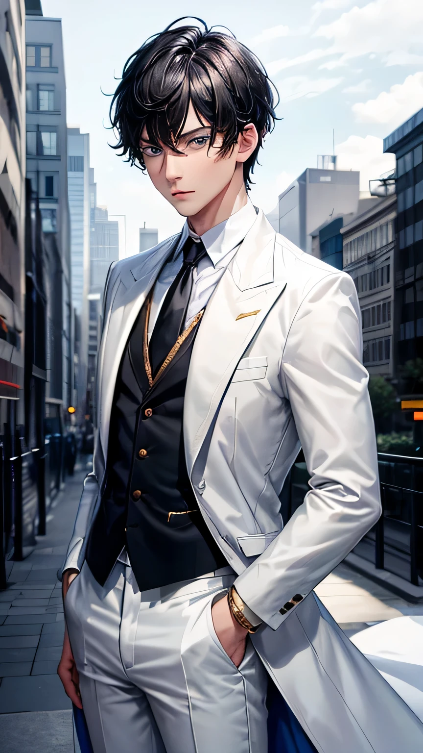 1man, short black hair, blue eyes, white coat, white pants, black shirt, tie, vest, standing on ground, high res, ultra sharp, 8K, masterpiece, mediaval vibes, urban background, with gold aura surround
