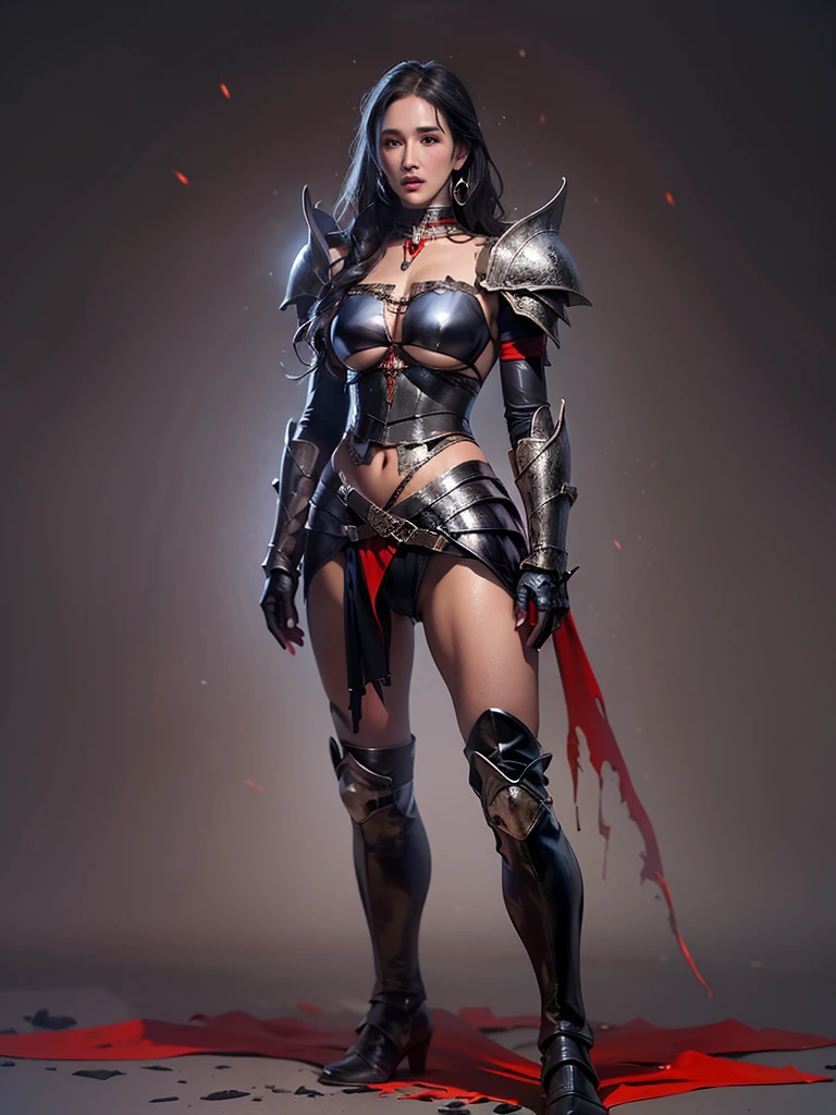 ((((Jennifer Connelly)))) as, Voluptuous, Busty White-Haired Female Dark Knight in ((((Black Full Metal)) Heavy Bikini Armor)), Red Eyes, (Thigh high Full Metal Armored Boots). (((Full Body View))), Long hair, Messy bun, (Red Cloak), (((Red Pleated Skirt))), detailed, perfect makeup, beautiful lips, large hoop earrings, (METAL bikini armor), No Helmet, (No Spikes), (Tall girl, Long legs), (Solo, 1girl), (Masterpiece, Detailed, 4k), perfect face, perfect lips, perfect makeup, dark eyeshadow, Unreal Engine 5, (Full Body Portrait), absurd resolution, high
