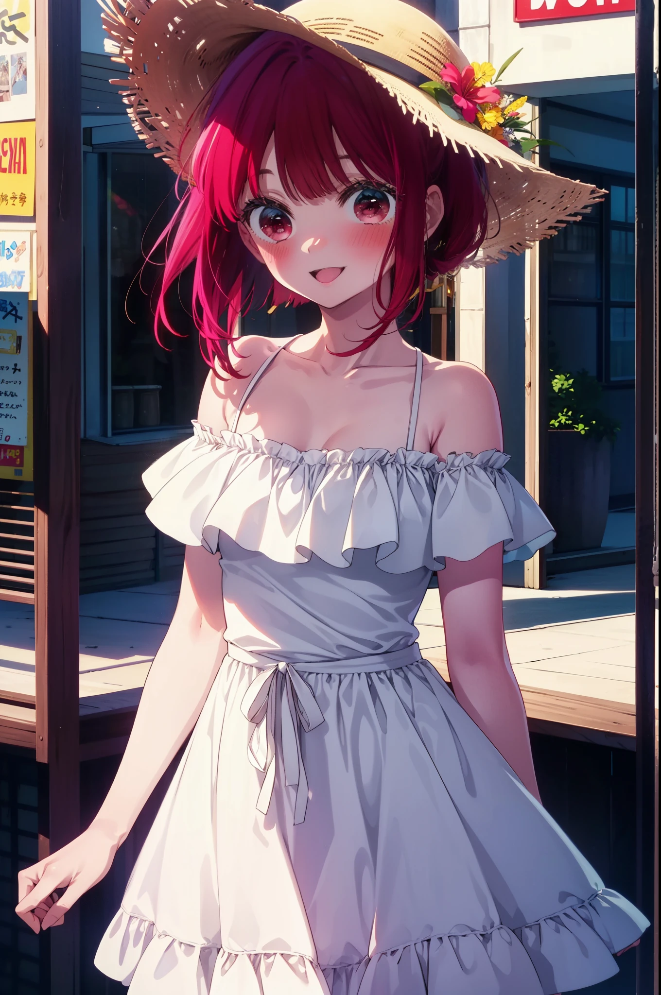 canary, Arima etc., Long Hair, bangs, (Red eyes:1.3), Redhead,smile,blush, happy smile, smile, Open your mouth,,Off-the-shoulder dress,Bare shoulders,Bare neck,bare clavicle,Long skirt,Cute Sandals,Straw hat,Daytime,Clear skies,whole bodyがイラストに入るように,Looking down from above,
break outdoors,In town,Building district,
break looking at viewer,whole body, (Cowboy Shot:1.5),
break (masterpiece:1.2), highest quality, High resolution, unity 8k wallpaper, (figure:0.8), (Beautiful fine details:1.6), Highly detailed face, Perfect lighting, Highly detailed CG, (Perfect hands, Perfect Anatomy),