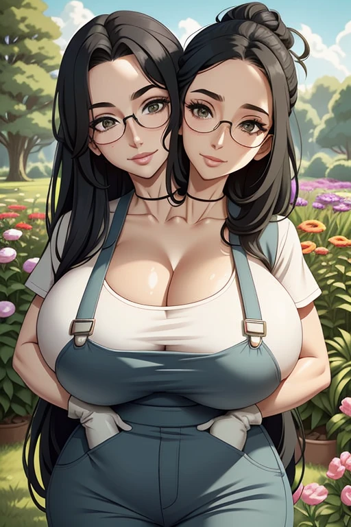 2heads, a tall thin woman with two heads. She has enormous breasts. She is outside in a garden. She is very tall. She is very skinny. She has long black hair in a bun. She is wearing glasses. She looks mature. She has very thick full lips. She has enormous fat breasts. She is wearing overalls and gardening gloves. She is wearing g a bandana on her head. Deep cleavage. She is smiling. She is blushing. She looks sweaty and tired. She has giant fat breasts. Mature, milf.