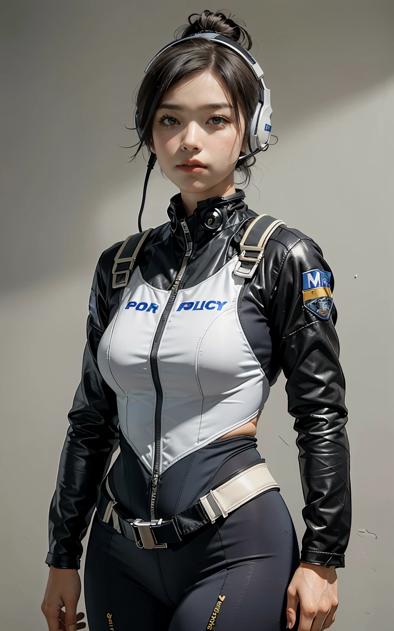 Highest image quality, outstanding details, ultra-high resolution, (realism: 1.4), ((close up:0.55, from front)), Photorealistic, highly condensed 1 lady, full body, short hair, Combat pose, (Detailed face), looking at the viewer, (chubby:0.35), (cloths color black:0.4 white:0.5 other-color:0.1), (wearing warm rash-guard likes police uniform, gloves, military harness, carrying hich-tech-backpack), background grey, Fingers are occluded