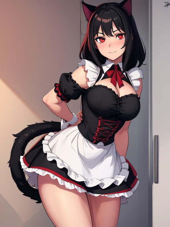 (masterpiece, best quality:1.2), aka6, 1girl, solo, medium hair, black hair, red eyes, cat eyes, slim body, cheerfull, happy, blush, closed mouth, Dcup breasts, maid outfit, catgirl ,looking at viewer 