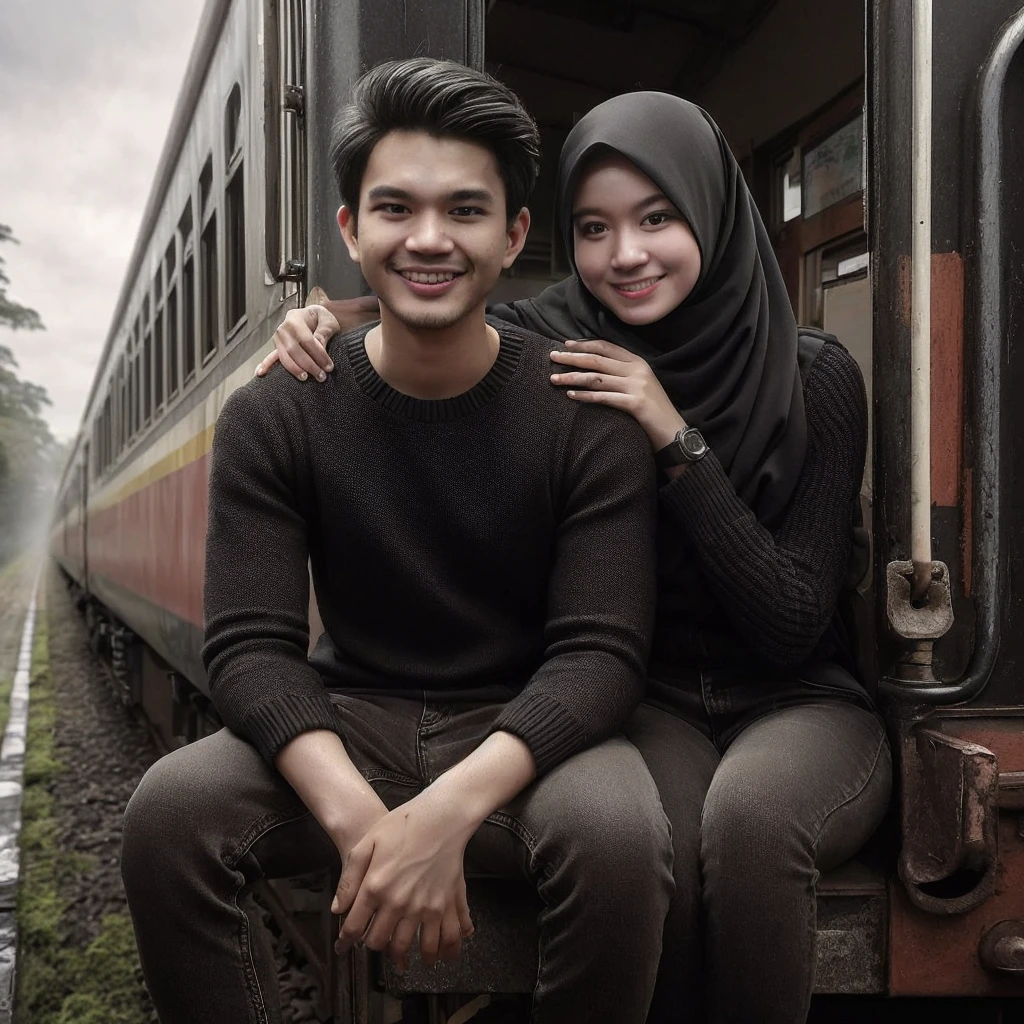 realistic picture of a indonesian man age 25 years,short hair,smile pose,black jacket,sneakers,sitting at the door of a stopped train carriage, beside him there's a indonesian woman age 23 years old,The woman's hand wraps around the man's shoulders,smile pose,wearing black hijab, black jacket,jeans,sneakers,lied to the train carriage,the train carriage is damaged and dusty and overgrown with bushes and moss,train station background old unused in the rainforest,cloudy weather,