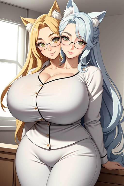 2heads, a tall thin woman with two heads. She has enormous breasts. She is inside in a bedroom at night. She is very tall. She is very skinny. She has long white hair in a bun. She is wearing glasses. She looks mature. She has very thick full lips. She has enormous fat breasts. She is wearing cute pajamas. Deep cleavage. She is smiling. She is blushing. She looks flirty. She has giant fat breasts. She is a cat girl. She has cat ears and whiskers.