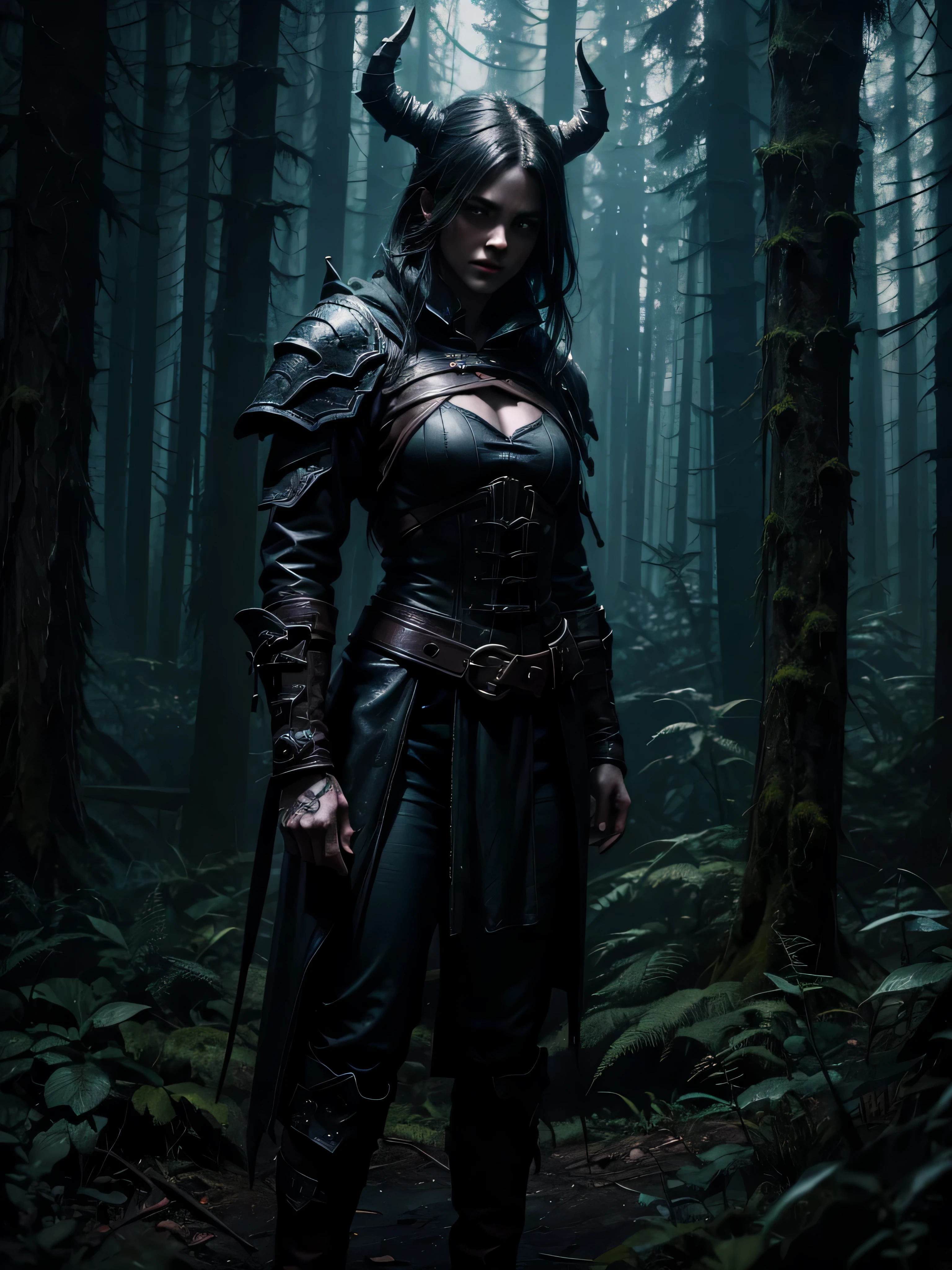 (1girl), Diablo 4 rogue, standing in a dark forest, wet, sinister , shadows, creepy, HDR,4K, 3D, ultra realistic, highly detailed, high definition
