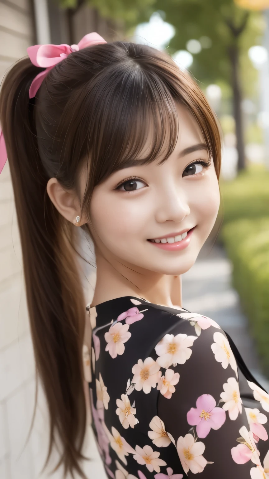 bright表情、Photorealistic:1.32、highest quality、超A high resolution、最も美しい日本のgirlの写真、Cute and beautiful face details、Small Face、(Purelos Face_V1:0.008)、美しいbangs、、Radiant, fair, glowing skin、Hair gets tangled in the face、girl１people、顔まで伸びるbangs、bangs、Hair between the eyes、Attractive brown silky hair、bright、Clear eyes shine charmingly、Dynamic pose、highest quality、Disorganized、((the cutest girl in the world))、日本people、((Maxi length floral print dress with ribbon:1.3))、(ponytail:1.3)、(tie with a thin ribbon)、Nice and cute、An innocent smile、nice smile、No cleavage、(Large Breasts:1.3)、(Posing cutely:1.3)、Side Tail、Brown Hair、Small waist、Detailed beautiful eyes、View your viewers、Upper Body、Close-up of face、Front view、