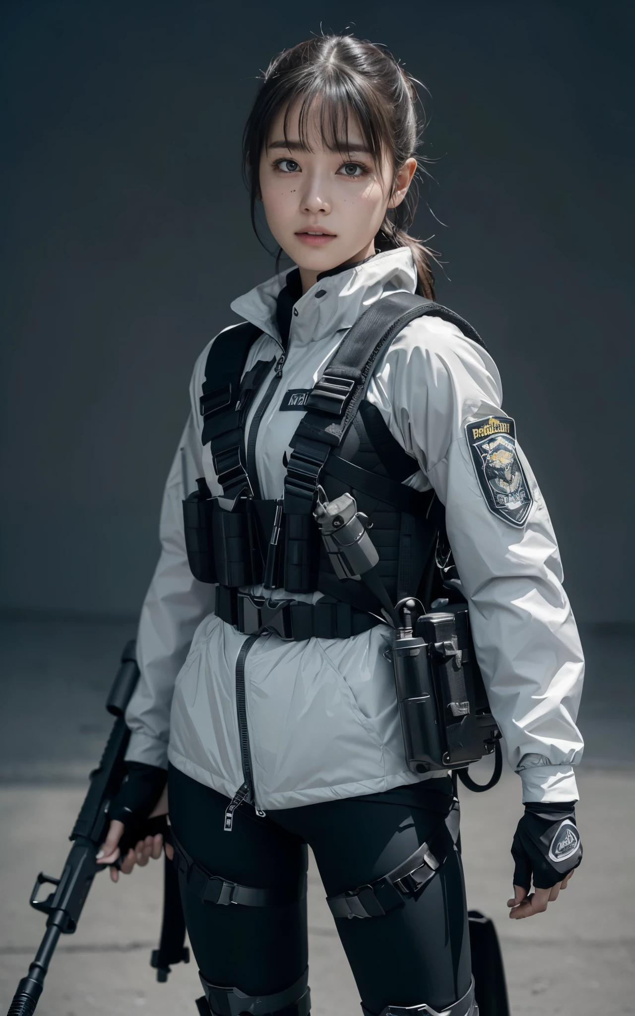 Highest image quality, outstanding details, ultra-high resolution, (realism: 1.4), ((close up:0.75, from front)), Photorealistic, highly condensed 1 lady, full body, aiming with a rifle, Combat pose, (Detailed face), looking at the camera, (wearing nylon rash-guard as police uniform, gloves, black and gray mecha, wearing futuristic-gasmask, military harness, holding a machinegun, carrying hich-tech-backpack), background grey, Fingers are occluded