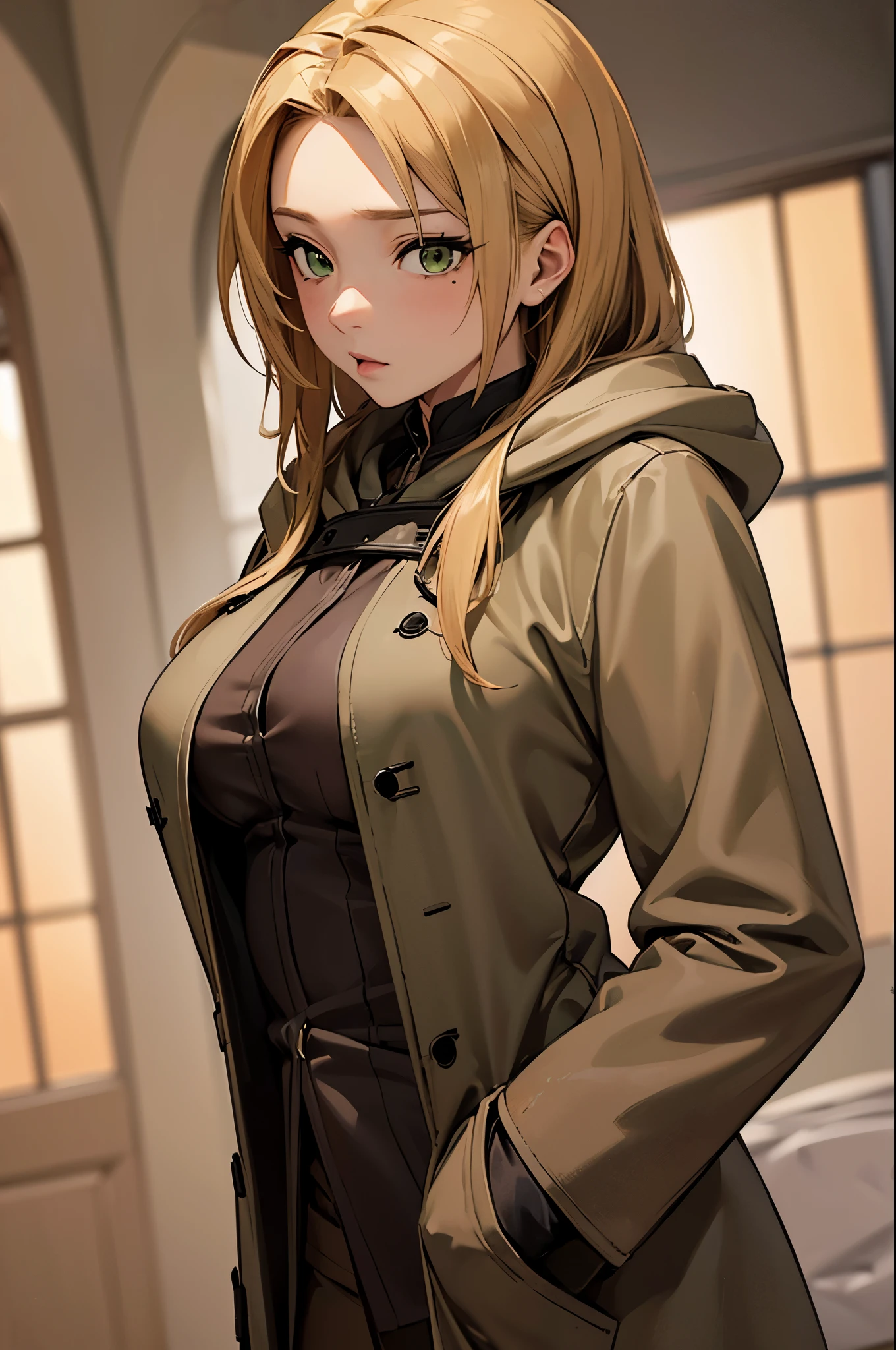 (masterpiece, best quality:1.2), expressive eyes, perfect face, highres, 1girl, solo, (female:1.5),rudeus_greyrat, green eyes, blonde hair, long hair, brown coat, hood, brown pants, large breasts, standing, upper body, looking at the viewer
