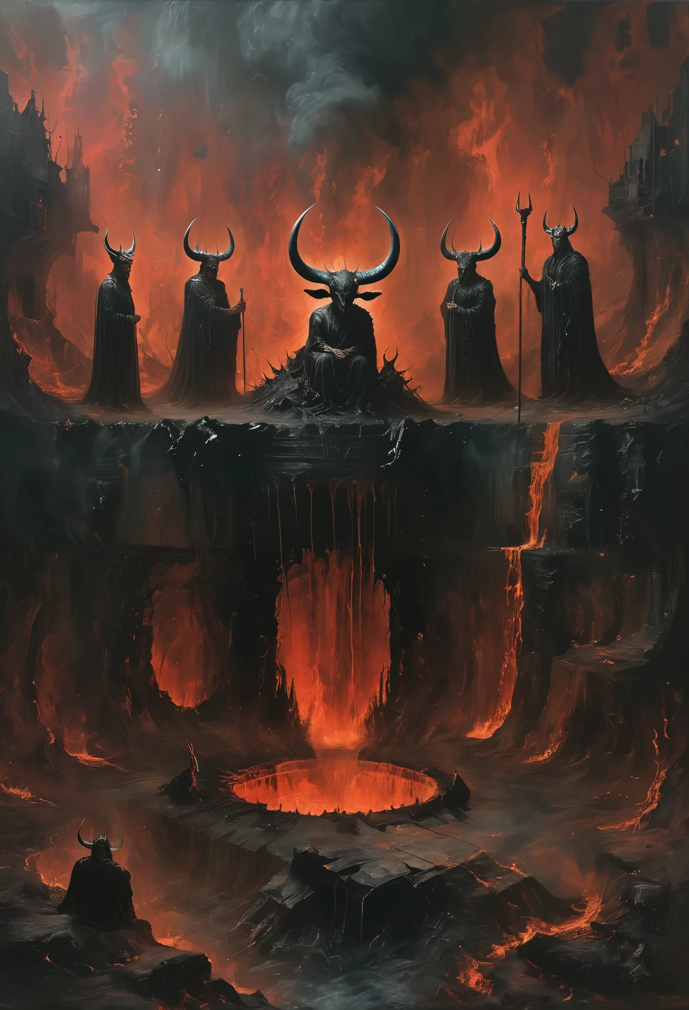 Realistic 8K oil painting，Depicting the suffering people in the Hell Well, In the middle of the image，Elon Musk has horns on his head, Inspired by Dante&#39;s Inferno