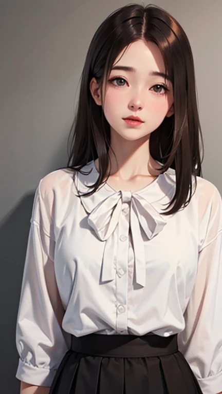 Blushing lightly and smiling, (Top quality masterpiece:1.2) Delicate illustrations, Very detailed, /Beautiful woman Japan in her 30s、1 person,Very cute and slim、Excellent style 、((8K images、super high quality))、Very delicate face, Skin and Hair、beautiful forehead、Red lipstick、Long Hair,(((((Shortcuts、Gradient Hair、Brown Hair))))),Very cute Japanese cut face、Eyes and nose are clearly visible、Kind eyes,(((White blouse、Tight Skirt)))