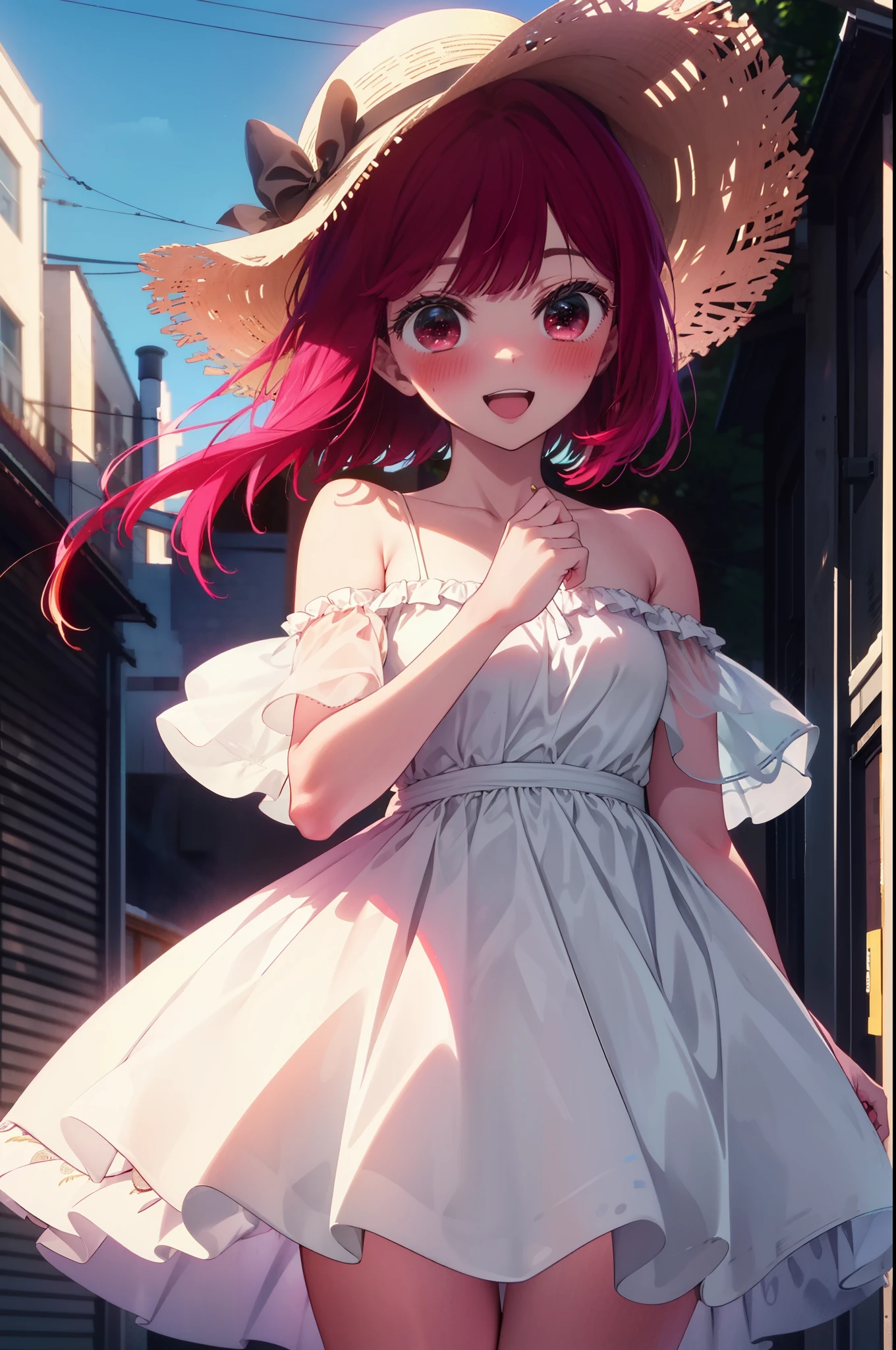 canary, Arima etc., Long Hair, bangs, (Red eyes:1.3), Redhead,smile,blush, happy smile, smile, Open your mouth,,Off-the-shoulder dress,Bare shoulders,Bare neck,bare clavicle,Long skirt,Cute Sandals,Straw hat,Daytime,Clear skies,whole bodyがイラストに入るように,Looking down from above,
break outdoors,In town,Building district,
break looking at viewer,whole body, (Cowboy Shot:1.5),
break (masterpiece:1.2), highest quality, High resolution, unity 8k wallpaper, (figure:0.8), (Beautiful fine details:1.6), Highly detailed face, Perfect lighting, Highly detailed CG, (Perfect hands, Perfect Anatomy),