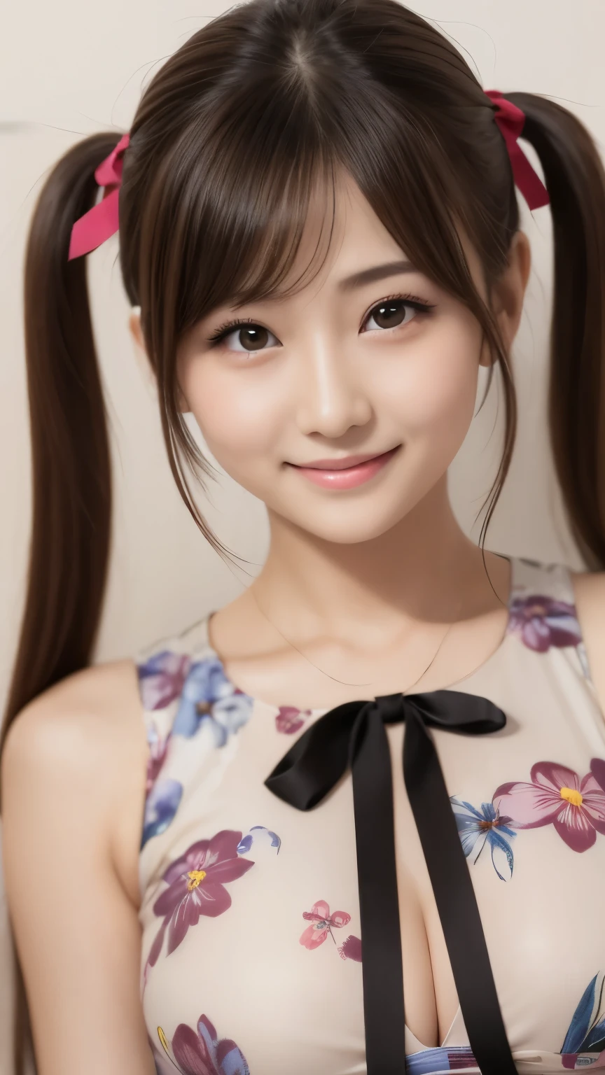 bright表情、Photorealistic:1.32、highest quality、超A high resolution、最も美しい日本のgirlの写真、Cute and beautiful face details、Small Face、(Purelos Face_V1:0.008)、美しいbangs、************、Radiant, fair, glowing skin、Hair gets tangled in the face、girl１people、顔まで伸びるbangs、bangs、Hair between the eyes、Attractive brown silky hair、bright、Clear eyes shine charmingly、Dynamic pose、highest quality、Disorganized、((the cutest girl in the world))、日本people、((Maxi length floral print dress with ribbon:1.3))、(Twin tails:1.3)、(tie with a thin ribbon)、Nice and cute、An innocent smile、nice smile、No cleavage、(Large Breasts:1.3)、(Posing cutely:1.3)、Side Tail、Brown Hair、Small waist、Detailed beautiful eyes、View your viewers、Upper Body、Close-up of face、Front view、