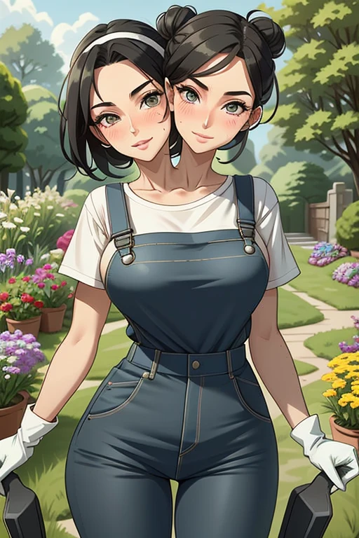 2heads, a tall thin woman with two heads. She is outside in a garden, she is gardening. She is very tall. She is very skinny. She has short black hair in a bun. She looks mature. She has very thick full lips. She is wearing overalls with a T-shirt underneath, and gardening gloves. She is wearing a bandana on her head. She is smiling. She is blushing. She looks sweaty and tired. Mature, milf.