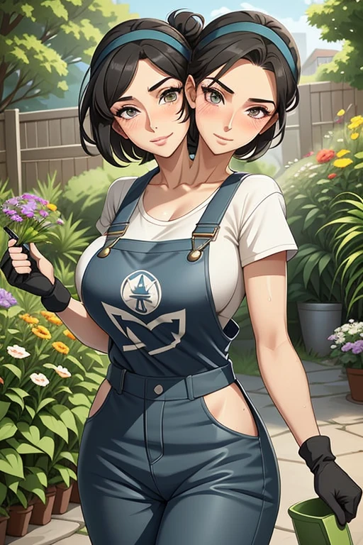 2heads, a tall thin woman with two heads. She is outside in a garden, she is gardening. She is very tall. She is very skinny. She has short black hair in a bun. She looks mature. She has very thick full lips. She is wearing overalls with a colorful T-shirt underneath, and gardening gloves. She is wearing a bandana on her head. She is smiling. She is blushing. She looks sweaty and tired. Mature, milf. Flirty, flirtatious expression, flirty pose. Sweaty, sweating.