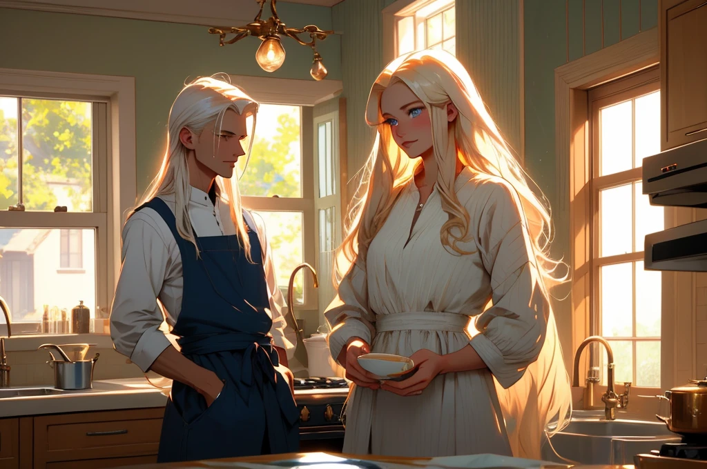 a sunny morning. Cozy kitchen. A tall handsome statuesque masculine young man platinum blonde, dressed in homemade clothes, he has long straight white hair, blue eyes, tanned skin prepares breakfast together with an incredibly beautiful young femme fatale golden blonde, she has blue eyes, long golden hair,she is dressed in homemade clothes. They are in love, happy.Masterpiece, perfect image, realistic pictures, detailed face study, full-length image, 8k, detailed image. an extremely detailed illustration, a real masterpiece of the highest quality, with careful drawing.