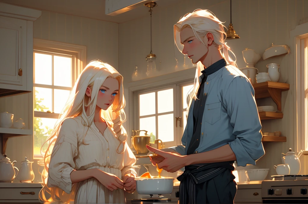 a sunny morning. Cozy kitchen. A tall handsome statuesque masculine young man platinum blonde, dressed in homemade clothes, he has long straight white hair, blue eyes, tanned skin prepares breakfast together with an incredibly beautiful young femme fatale golden blonde, she has blue eyes, long golden hair,she is dressed in homemade clothes. They are in love, happy.Masterpiece, perfect image, realistic pictures, detailed face study, full-length image, 8k, detailed image. an extremely detailed illustration, a real masterpiece of the highest quality, with careful drawing.