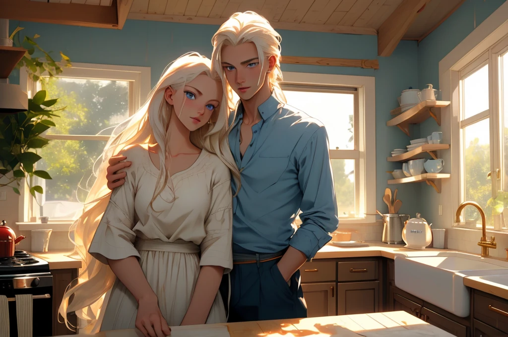 a sunny morning. Cozy kitchen. A tall handsome statuesque masculine young man platinum blonde, dressed in homemade clothes, he has long straight white hair, blue eyes, tanned skin prepares breakfast together with an incredibly beautiful young femme fatale golden blonde, she has blue eyes, long golden hair,she is dressed in homemade clothes. They are in love, happy.Masterpiece, perfect image, realistic pictures, detailed face study, full-length image, 8k, detailed image. an extremely detailed illustration, a real masterpiece of the highest quality, with careful drawing.