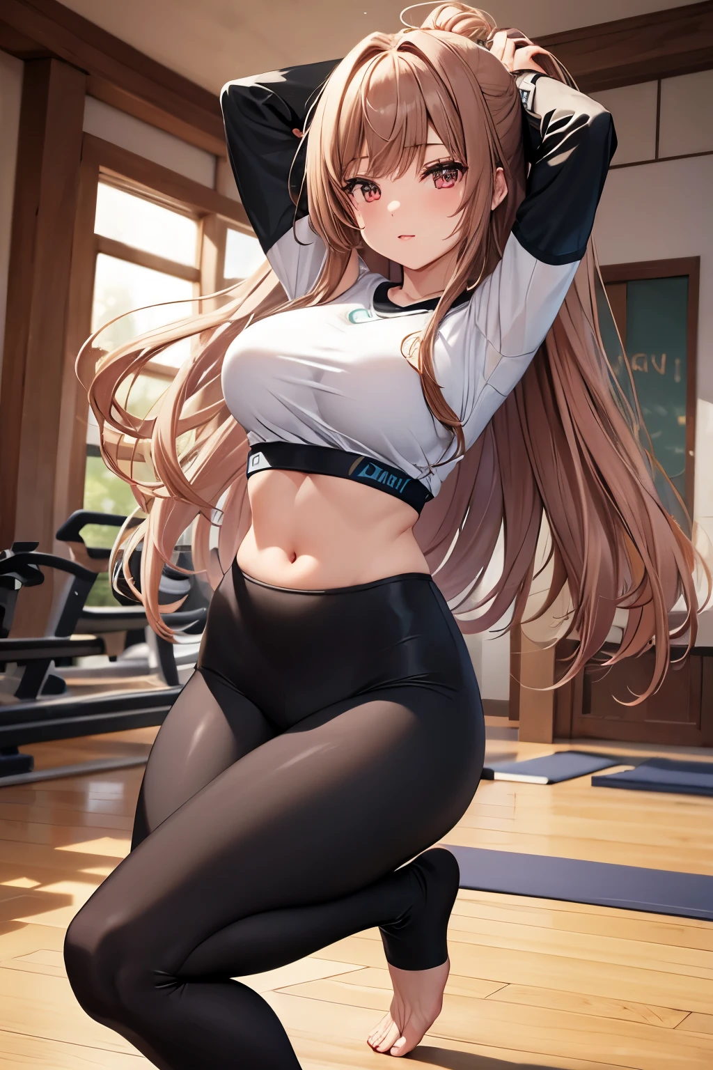 Game , goddess of victory nikke, Rapi , light brown hair,  alluring eyes ,beautiful face , crystal red eyes ,  long hair, Korean yoga crop top , yoga crop top, plain colour top ,square neck, long sleeve, green color top, tight top, leggings, grey color leggings, cheerful eyes, ,g cup breast, slender waist, bewitching thighs, five fingers each hand, two hand ,two leg , at gym standing, elegant poses 