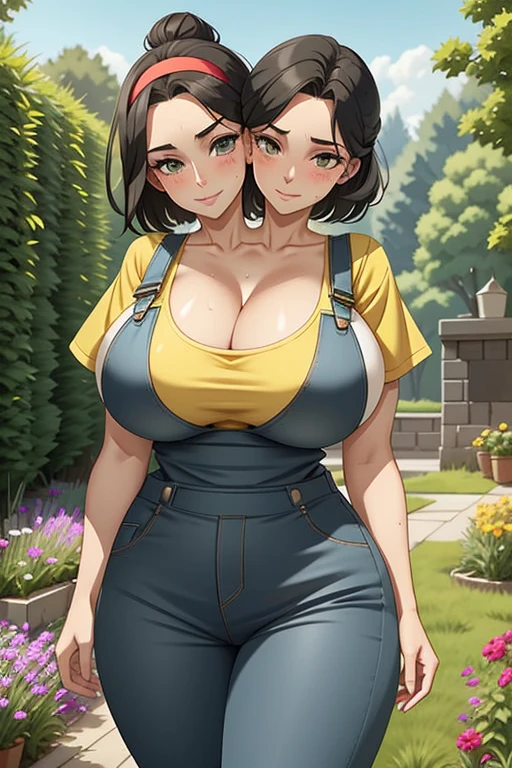 2heads, a tall thin woman with two heads. She has enormous breasts. She is outside in a garden, she is gardening. She is very tall. She is very skinny. She has short black hair in a bun. She looks mature. She has very thick full lips. She has enormous fat breasts. She is wearing overalls with a yellow T-shirt underneath. She is wearing a bandana on her head. Deep cleavage. She is smiling. She is blushing. She looks sweaty and tired. She has giant fat breasts. Mature, milf.