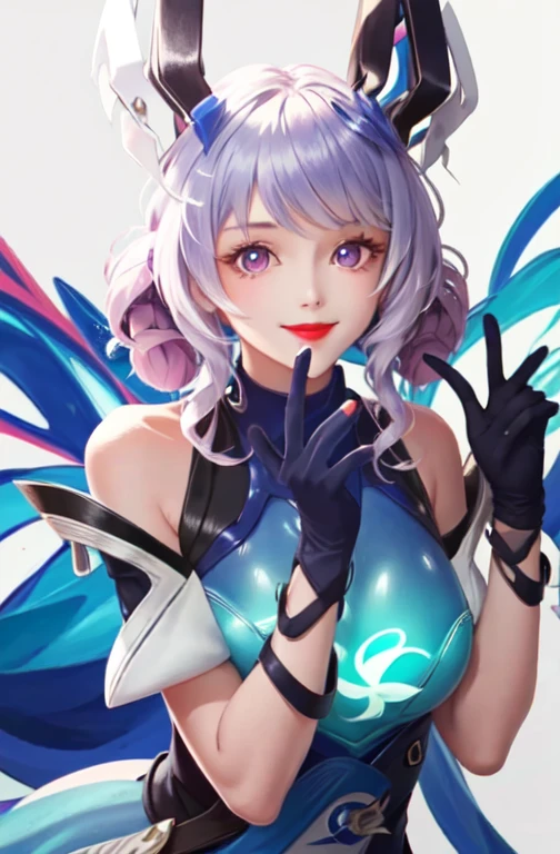 red lips,((big breasts)), cute girls, 1girl, solo, looking at viewer, smile, hair ornament, gloves, bare shoulders, purple eyes, upper body, white hair, sleeveless, black gloves,((abstract background)), blue background, (masterpiece,best quality:1.5)