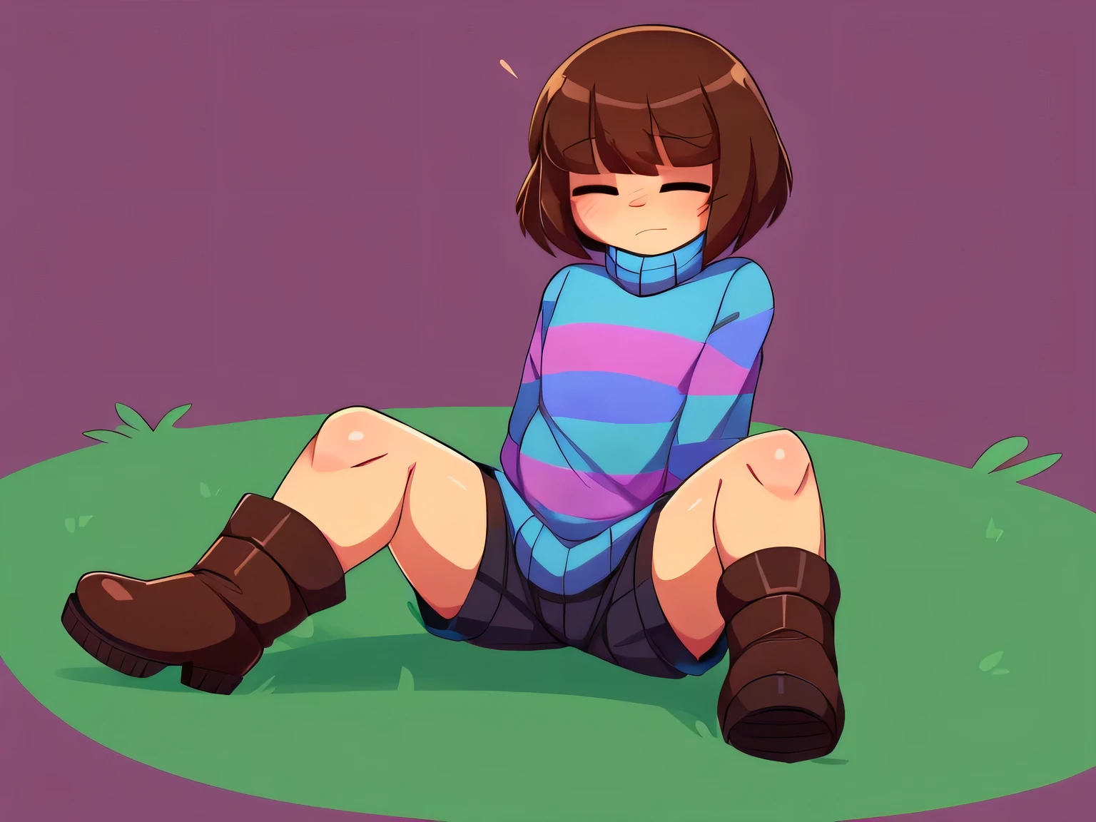 Solo, cute , flat chested, perfect eyes, perfect hands, ((high quality: 1.0)), (detailed), Frisk, canon, sfw, ((striped sweater)), turtleneck, shorts, boots, brown hair, short hair, bangs), closed eyes, thick thighs, by captainkirb, boy, pose, brown shorts, sitting down, grass