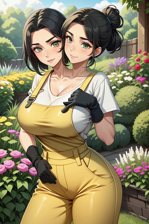 2heads, a tall thin woman with two heads. She is outside in a garden, she is gardening. She has big breasts. She is very tall. She is very skinny. She has short black hair in a bun. She looks mature. She has very thick full lips. She is wearing overalls with a yellow T-shirt underneath, and gardening gloves. She is wearing a bandana on her head. She is smiling. She is blushing. She looks sweaty and tired. Mature, milf.