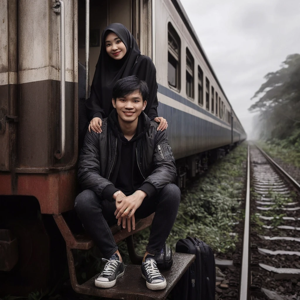 realistic picture of a indonesian man age 25 years,short hair,smile pose,black jacket,sneakers,sitting at the door of a stopped train carriage, beside him there's a indonesian woman age 23 years old,The woman's hand wraps around the man's shoulders,smile pose,wearing black hijab, black jacket,jeans,sneakers,lied to the train carriage,the train carriage is damaged and dusty and overgrown with bushes and moss,train station background old unused in the rainforest,cloudy weather,