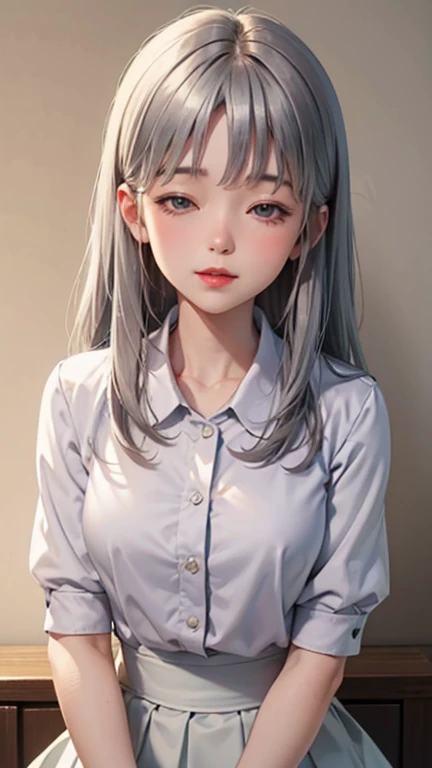 Blushing lightly and smiling, (Top quality masterpiece:1.2) Delicate illustrations, Very detailed, /Beautiful woman Japan in her 30s、1 person,Very cute and slim、Excellent style 、((8K images、super high quality))、Very delicate face, Skin and Hair、beautiful forehead、Red lipstick、Long Hair,(((((Shortcuts、Gradient Hair、Silver Hair))))),Very cute Japanese cut face、Eyes and nose are clearly visible、Kind eyes,(((White blouse、Tight Skirt)))