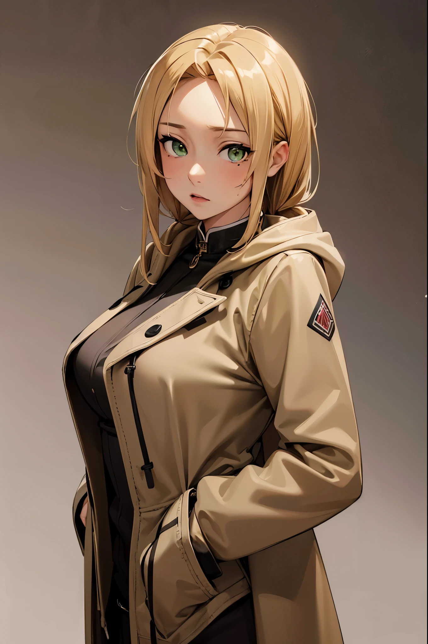 (masterpiece, best quality:1.2), expressive eyes, perfect face, highres, 1girl, solo, (female:1.5),rudeus_greyrat, green eyes, blonde hair, long hair, brown coat, hood, brown pants, large breasts, standing, upper body, looking at the viewer