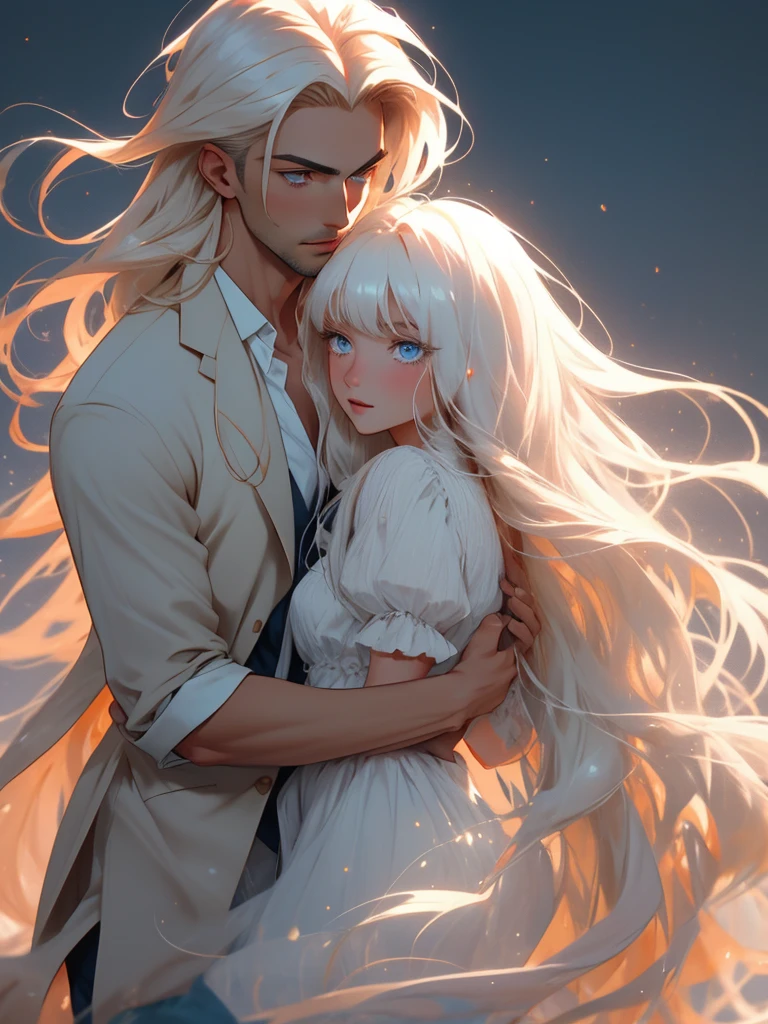 tall, handsome, statuesque, masculine, athletic young man is platinum blonde, he has tanned skin, blue eyes, long straight white hair, long bangs, he is dressed in light linen trousers and a linen shirt kissing an incredibly beautiful young woman with long golden hair, long bangs, blue eyes, dressed in a light summer dress. They're in love. Romance. A masterpiece. Full-length image. Detailed drawing of the face. Masterpiece, perfect drawing, realistic drawing, full-length drawing, detailed study, 8k. full-length image, realistic image, dynamic image, detailed image. an extremely detailed illustration, a real masterpiece of the highest quality, with careful drawing. anime style.