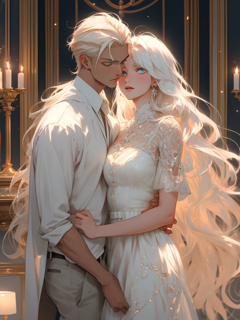tall, handsome, statuesque, masculine, athletic young man is platinum blonde, he has tanned skin, blue eyes, long straight white hair, long bangs, he is dressed in light linen trousers and a linen shirt kissing an incredibly beautiful young woman with long golden hair, long bangs, blue eyes, dressed in a light summer dress. They're in love. Romance. A masterpiece. Full-length image. Detailed drawing of the face. Masterpiece, perfect drawing, realistic drawing, full-length drawing, detailed study, 8k. full-length image, realistic image, dynamic image, detailed image. an extremely detailed illustration, a real masterpiece of the highest quality, with careful drawing. anime style.