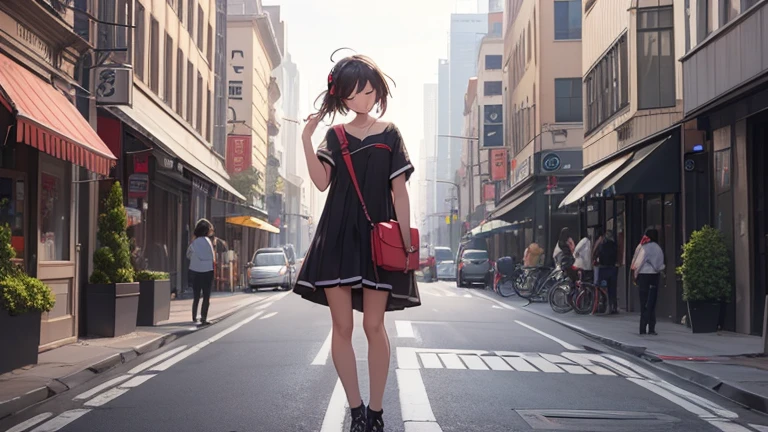 My hair is swaying in the wind、Eyes closed and headphones on。Bustling street corner